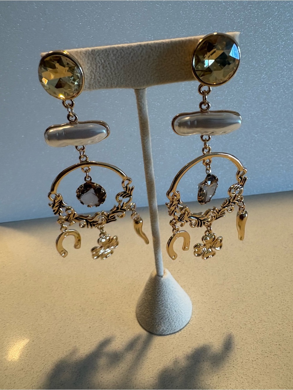 Mango Gold-Tone Dangle Earrings with Smoky Crystal and Pearl Bar